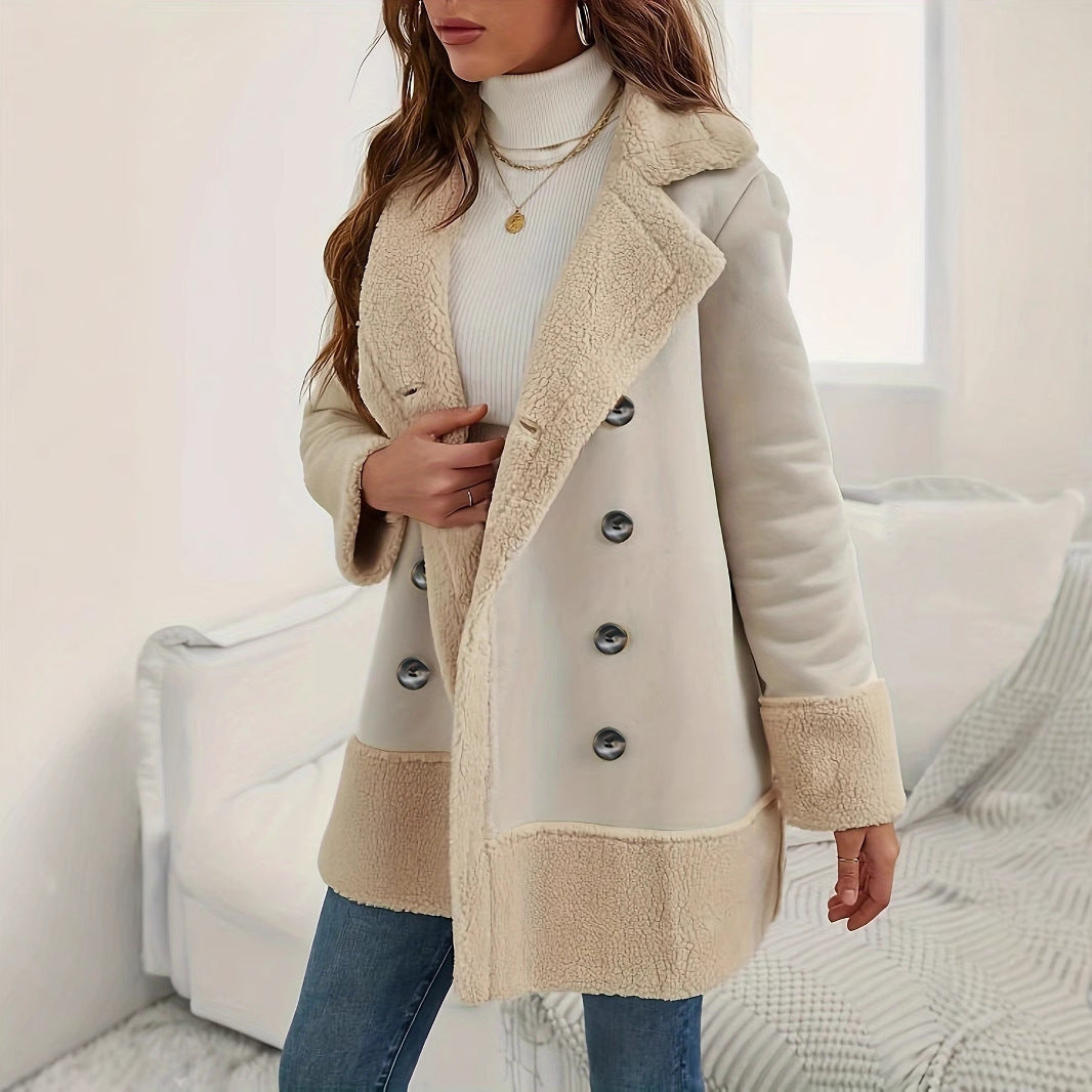 Manteau long en laine d'agneau à col revers, abricot contrasté.