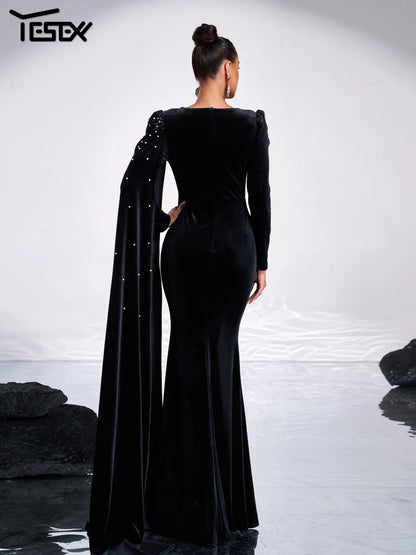Robe de soirée en velours, strass, col rond - Molinse