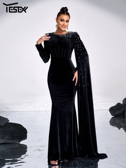 Robe de soirée en velours, strass, col rond - Molinse