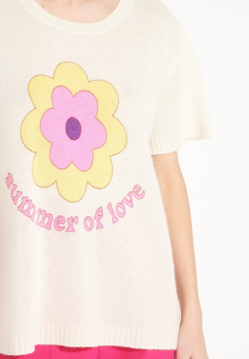 T-shirt col rond cachemire blanc écru/imprimé fleurs multicouleur femme - AVA 9-2
