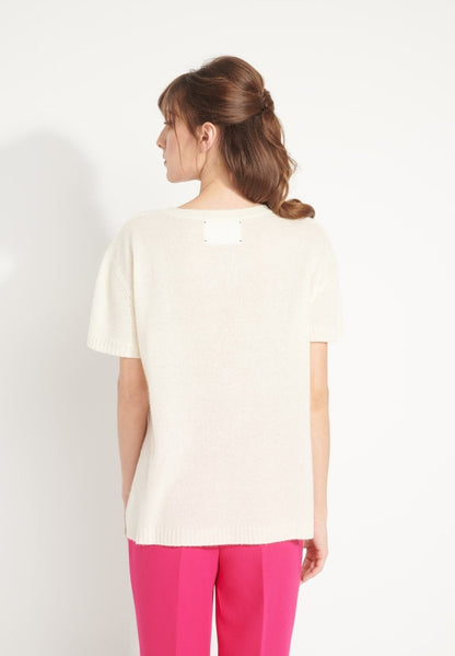 T-shirt col rond cachemire blanc écru/imprimé fleurs multicouleur femme - AVA 9-3