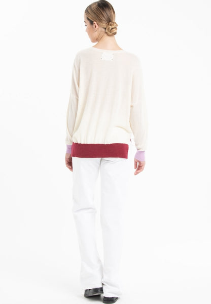Pull col V oversize ultrafin cachemire et laine blanc/lavande/rouge femme - KELLY 10