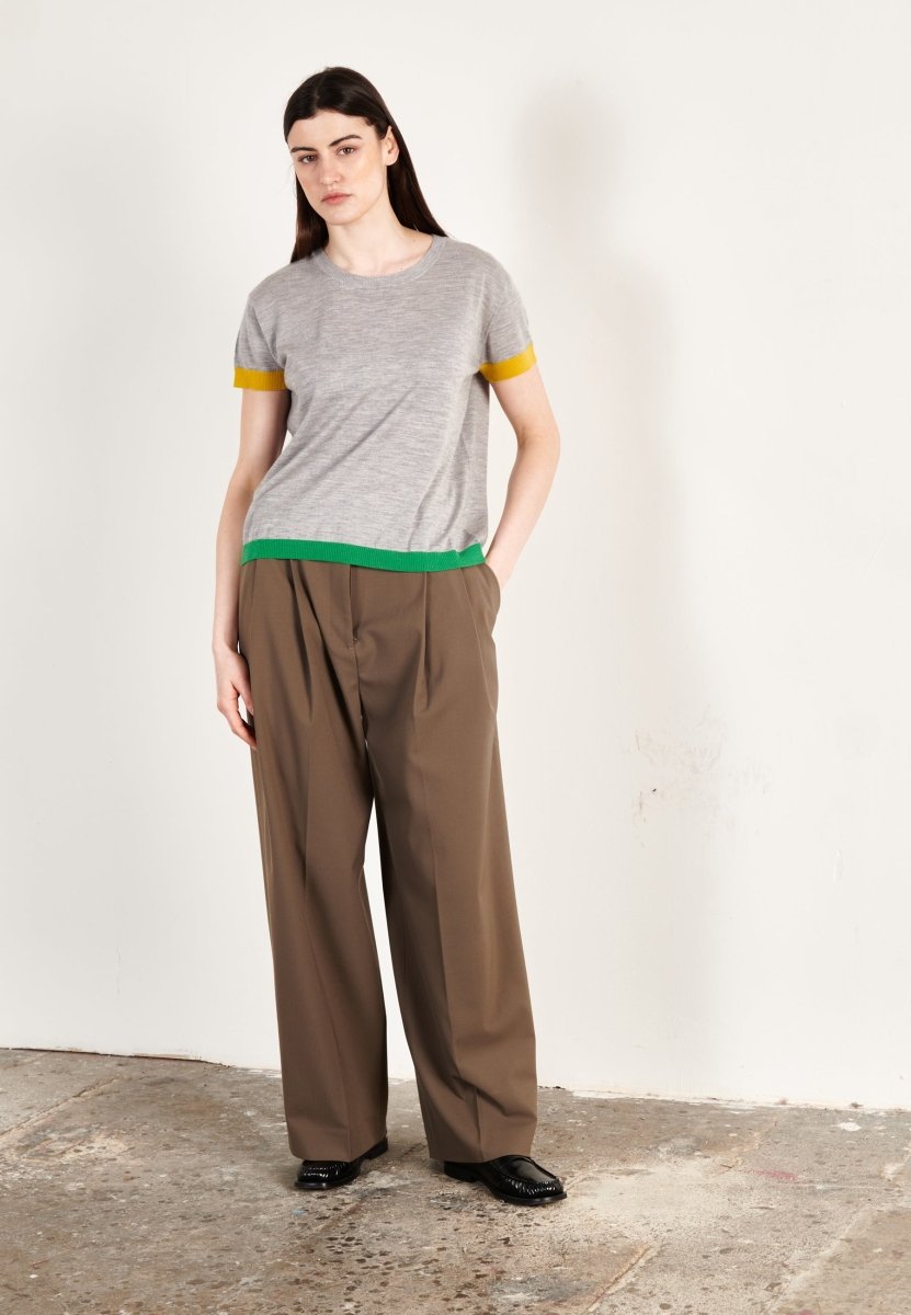 T-shirt col rond tricolore ultrafin cachemire et laine gris/jaune/vert femme - KELLY 8